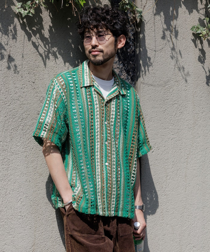 FREAK'S STORE Relaxed fit All-over lace Multi-stripe Open collar shirt 鏤空針織短袖襯衫