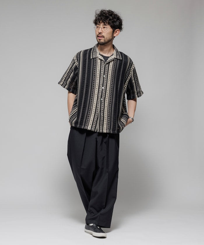 FREAK'S STORE Relaxed fit All-over lace Multi-stripe Open collar shirt 鏤空針織短袖襯衫