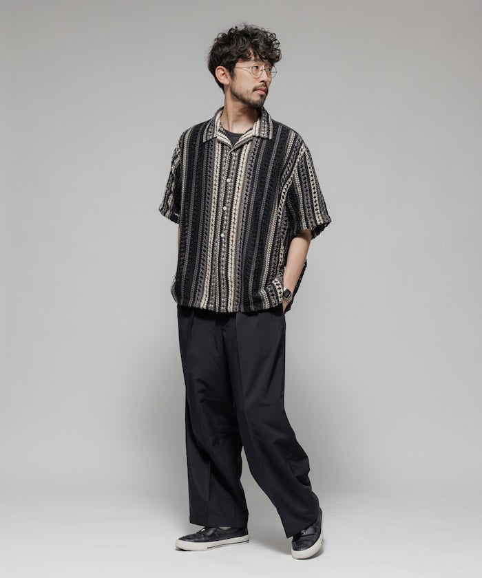FREAK'S STORE Relaxed fit All-over lace Multi-stripe Open collar shirt 鏤空針織短袖襯衫