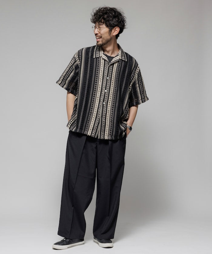 FREAK'S STORE Relaxed fit All-over lace Multi-stripe Open collar shirt 鏤空針織短袖襯衫