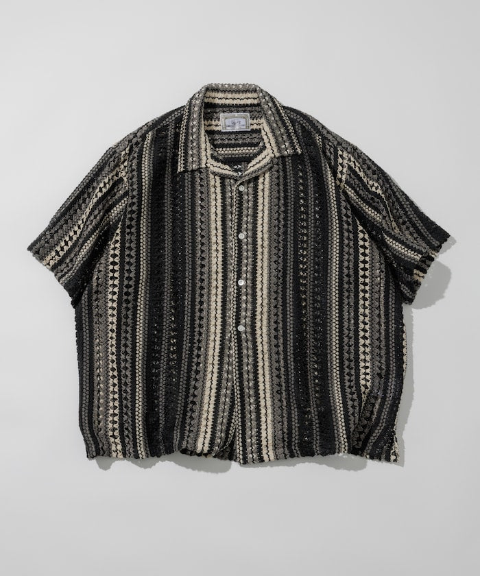 FREAK'S STORE Relaxed fit All-over lace Multi-stripe Open collar shirt 鏤空針織短袖襯衫