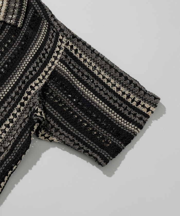 FREAK'S STORE Relaxed fit All-over lace Multi-stripe Open collar shirt 鏤空針織短袖襯衫