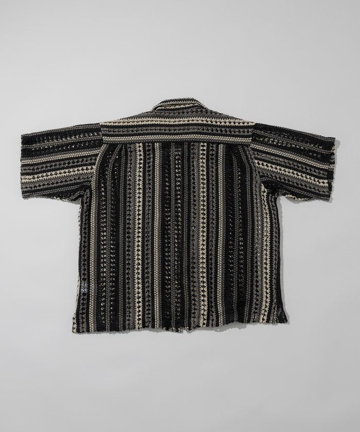 FREAK'S STORE Relaxed fit All-over lace Multi-stripe Open collar shirt 鏤空針織短袖襯衫