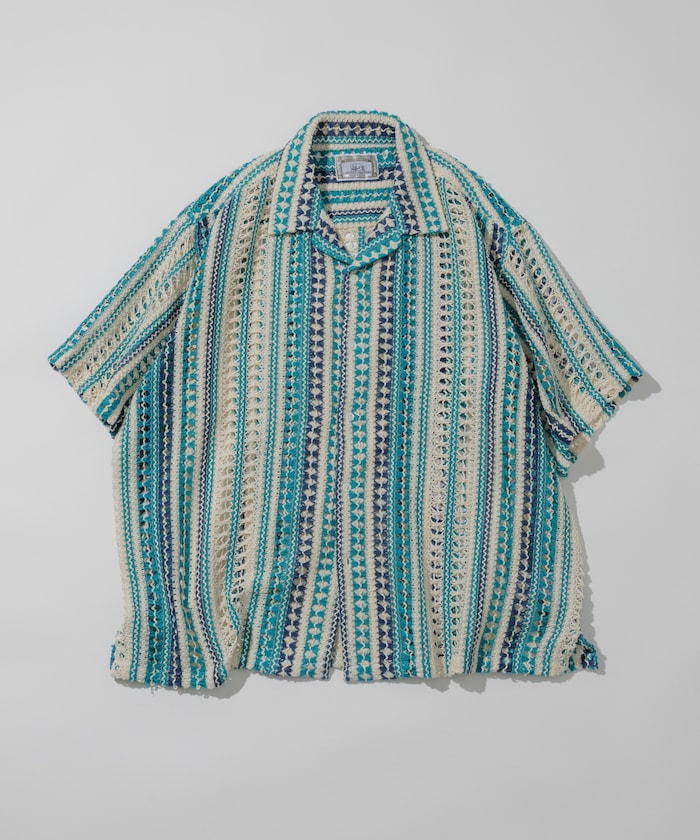 FREAK'S STORE Relaxed fit All-over lace Multi-stripe Open collar shirt 鏤空針織短袖襯衫