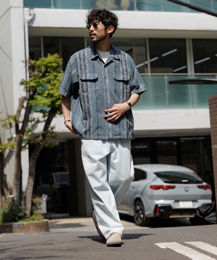 FREAK'S STORE Relaxed fit Ikat jacquard open collar 寬版印花短袖襯衫