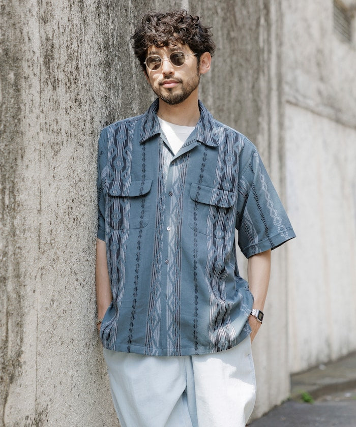 FREAK'S STORE Relaxed fit Ikat jacquard open collar 寬版印花短袖襯衫