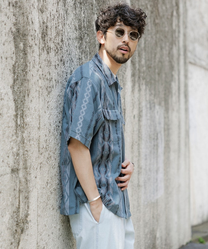 FREAK'S STORE Relaxed fit Ikat jacquard open collar 寬版印花短袖襯衫