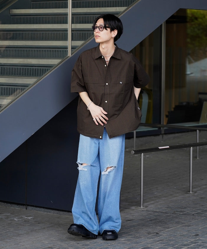 PUBLUX Short sleeve drawstring check shirt 短袖口袋襯衫