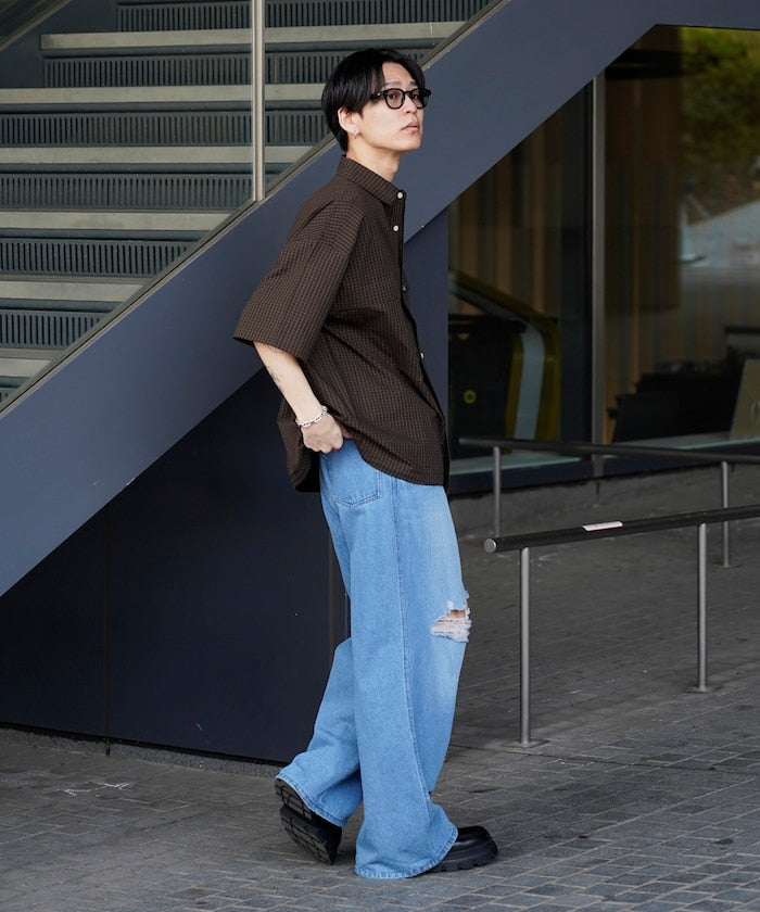 PUBLUX Short sleeve drawstring check shirt 短袖口袋襯衫