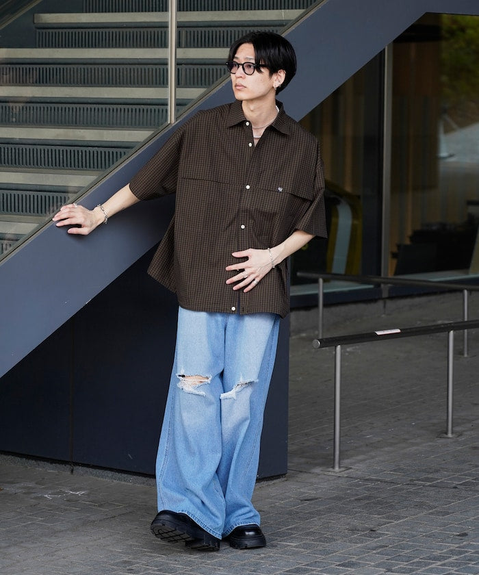 PUBLUX Short sleeve drawstring check shirt 短袖口袋襯衫