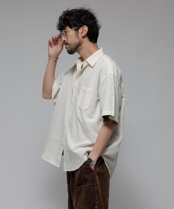 HINSON wrinkled relaxed fit regular collar short 口袋短袖襯衫