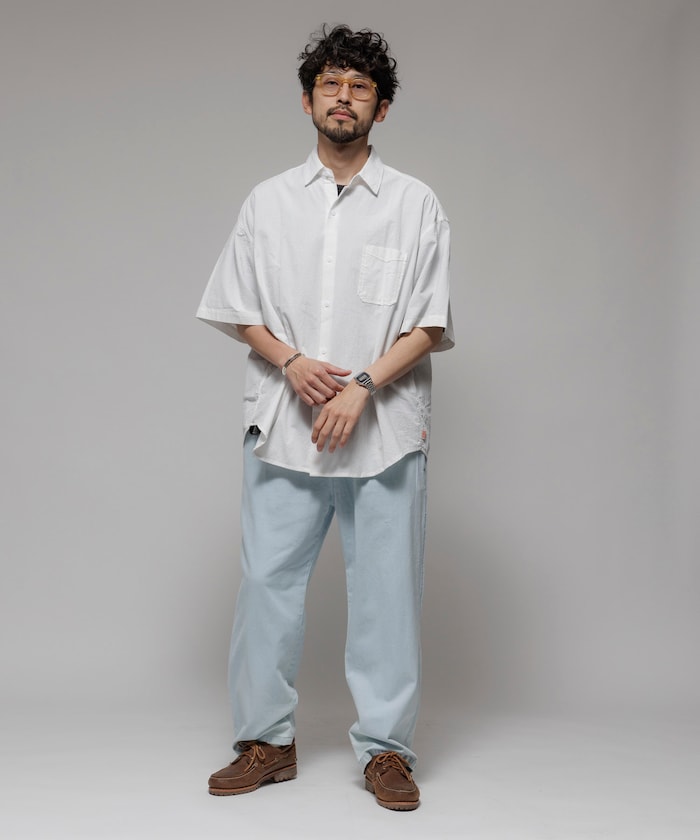 HINSON wrinkled relaxed fit regular collar short 口袋短袖襯衫