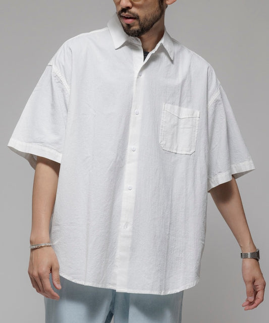 HINSON wrinkled relaxed fit regular collar short 口袋短袖襯衫