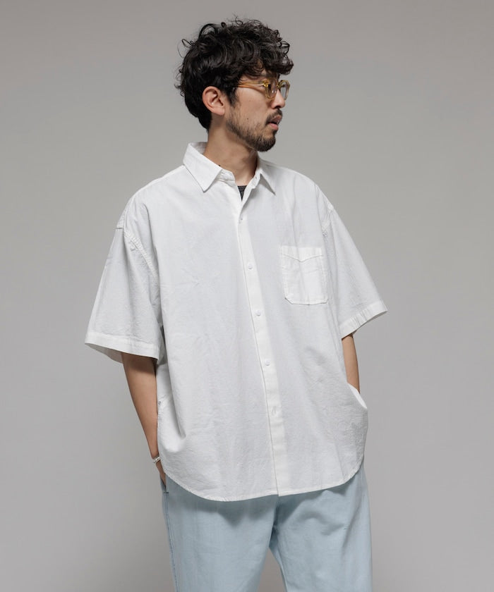 HINSON wrinkled relaxed fit regular collar short 口袋短袖襯衫