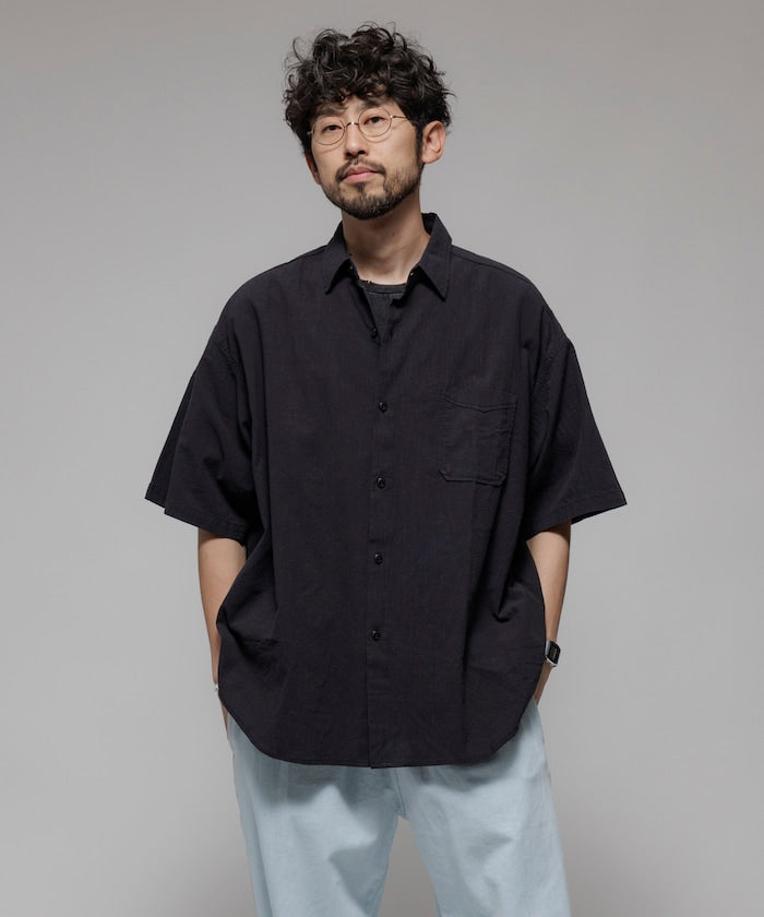 HINSON wrinkled relaxed fit regular collar short 口袋短袖襯衫