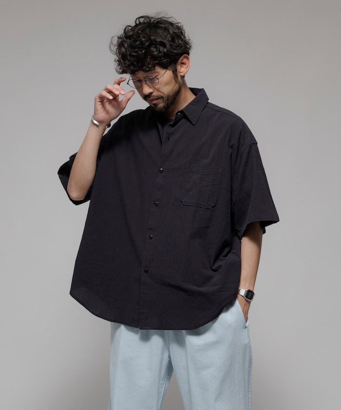HINSON wrinkled relaxed fit regular collar short 口袋短袖襯衫