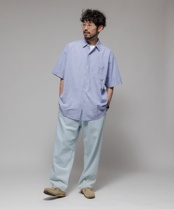 HINSON wrinkled relaxed fit striped shirt 短袖口袋條紋襯衫