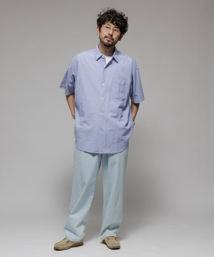 HINSON wrinkled relaxed fit striped shirt 短袖口袋條紋襯衫