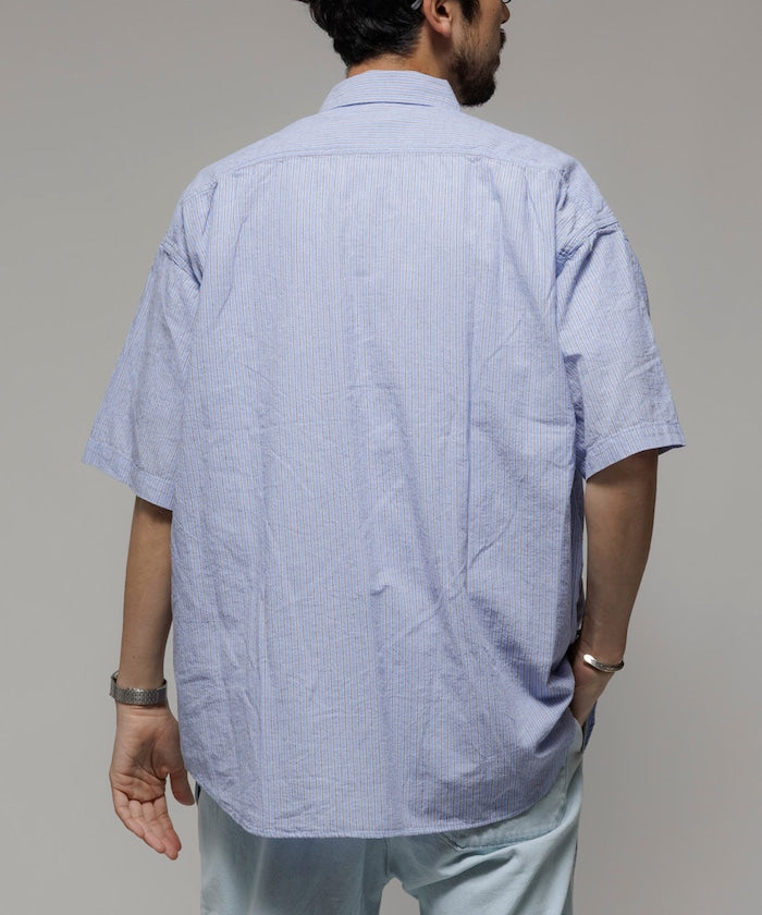 HINSON wrinkled relaxed fit striped shirt 短袖口袋條紋襯衫
