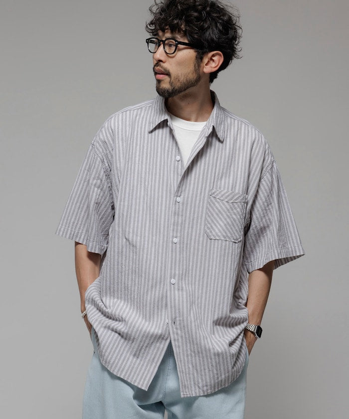 HINSON wrinkled relaxed fit striped shirt 短袖口袋條紋襯衫