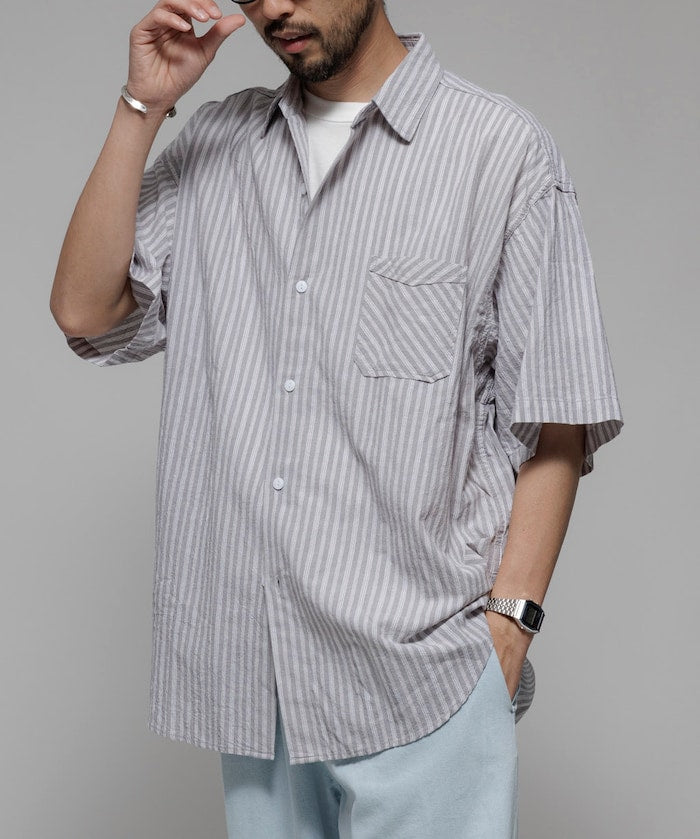 HINSON wrinkled relaxed fit striped shirt 短袖口袋條紋襯衫
