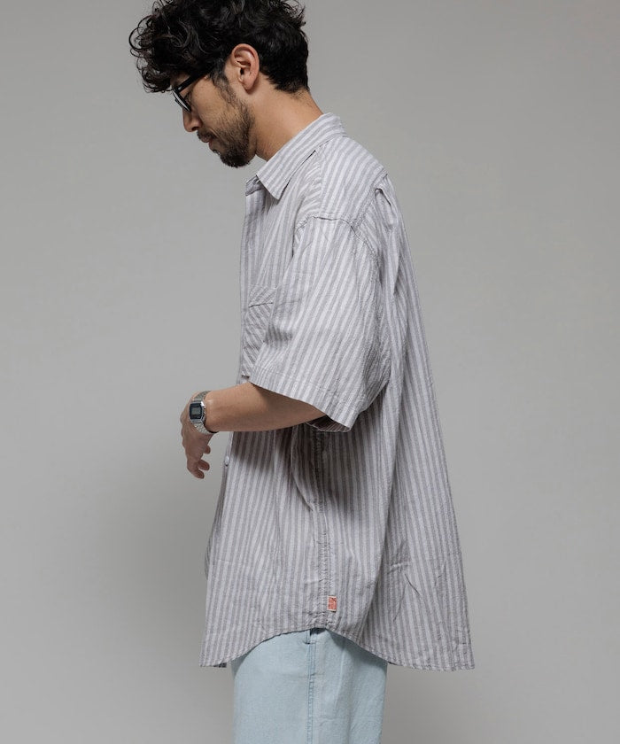 HINSON wrinkled relaxed fit striped shirt 短袖口袋條紋襯衫