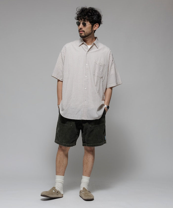 HINSON wrinkled relaxed fit striped shirt 短袖口袋條紋襯衫