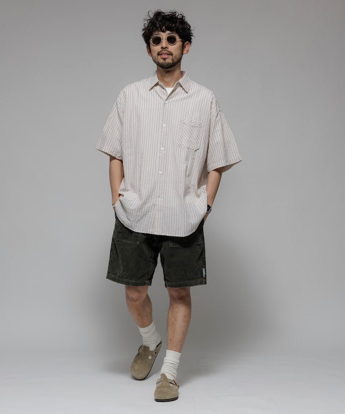 HINSON wrinkled relaxed fit striped shirt 短袖口袋條紋襯衫
