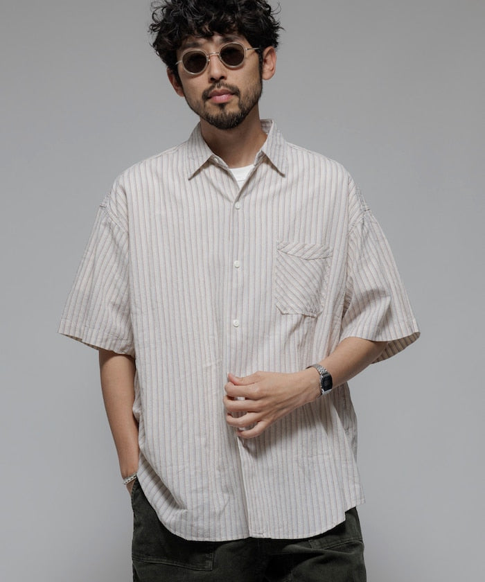 HINSON wrinkled relaxed fit striped shirt 短袖口袋條紋襯衫