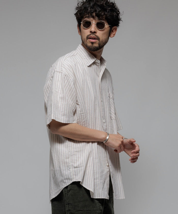 HINSON wrinkled relaxed fit striped shirt 短袖口袋條紋襯衫