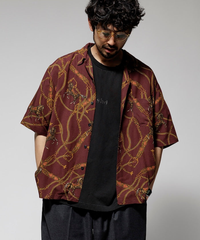 FREAK'S STORE Relaxed fit washable Nylon Scarf pattern open collar shir t 復古短袖襯衫