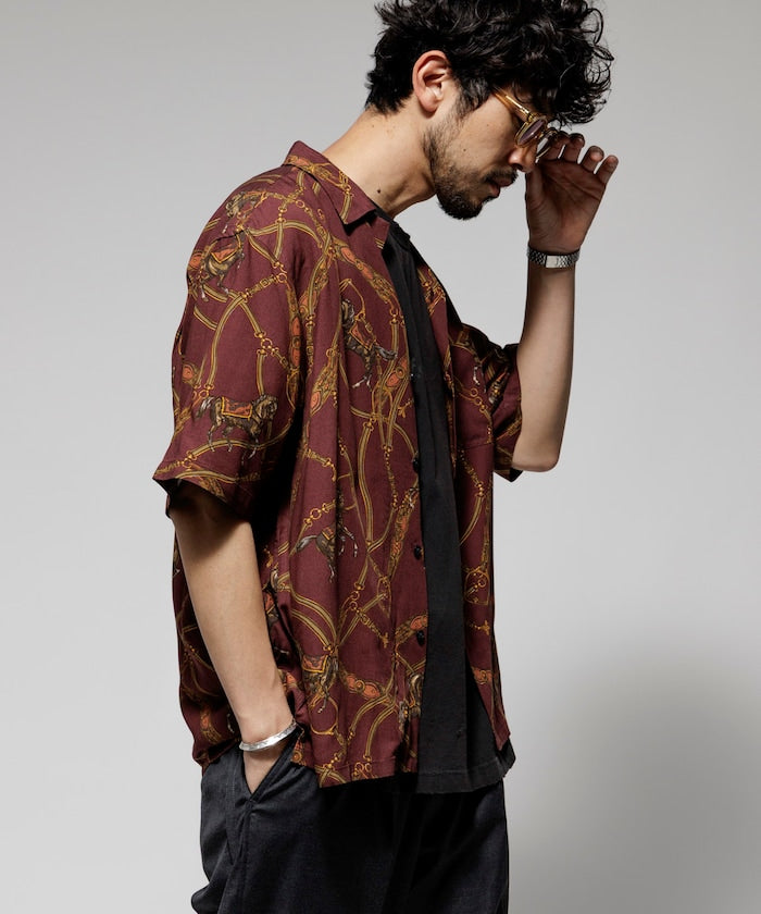 FREAK'S STORE Relaxed fit washable Nylon Scarf pattern open collar shir t 復古短袖襯衫