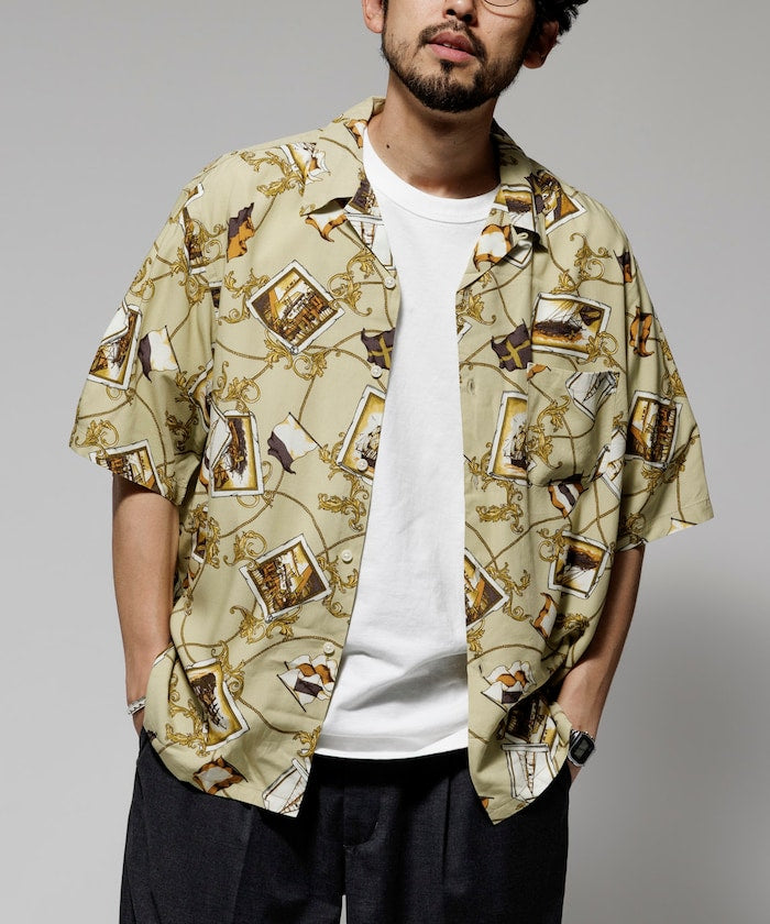 FREAK'S STORE Relaxed fit washable Nylon Scarf pattern open collar shir t 復古短袖襯衫