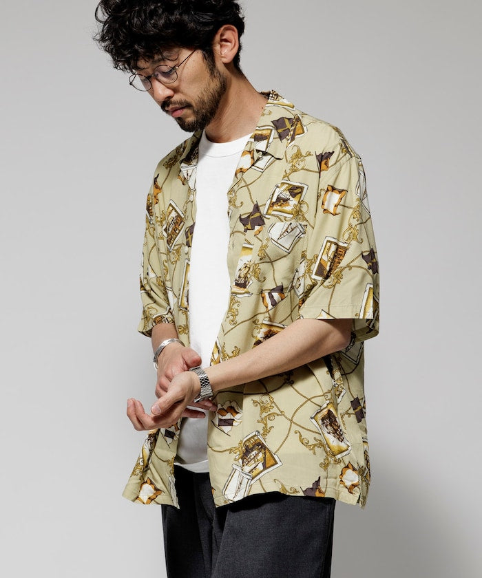 FREAK'S STORE Relaxed fit washable Nylon Scarf pattern open collar shir t 復古短袖襯衫