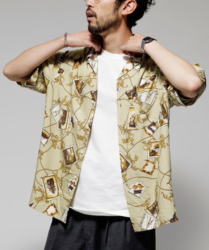 FREAK'S STORE Relaxed fit washable Nylon Scarf pattern open collar shir t 復古短袖襯衫