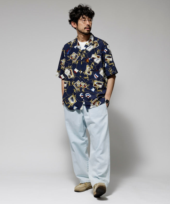 FREAK'S STORE Relaxed fit washable Nylon Scarf pattern open collar shir t 復古短袖襯衫