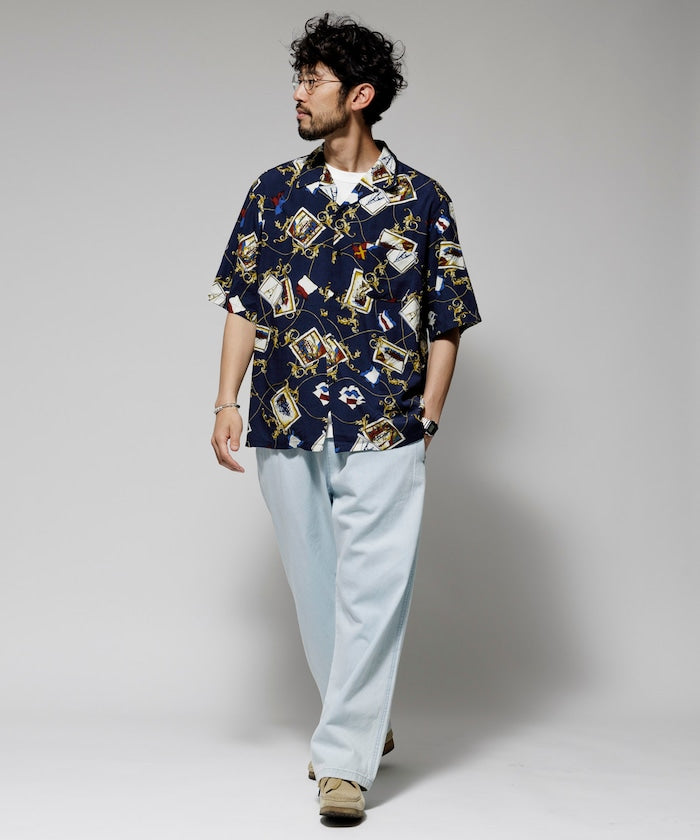 FREAK'S STORE Relaxed fit washable Nylon Scarf pattern open collar shir t 復古短袖襯衫