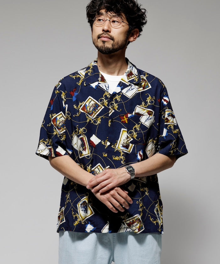 FREAK'S STORE Relaxed fit washable Nylon Scarf pattern open collar shir t 復古短袖襯衫