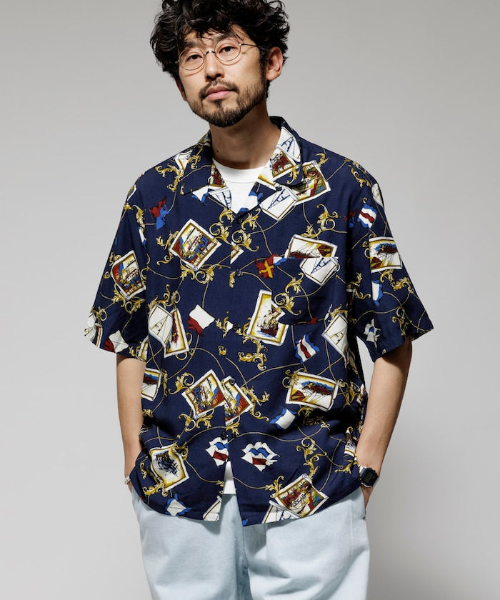 FREAK'S STORE Relaxed fit washable Nylon Scarf pattern open collar shir t 復古短袖襯衫