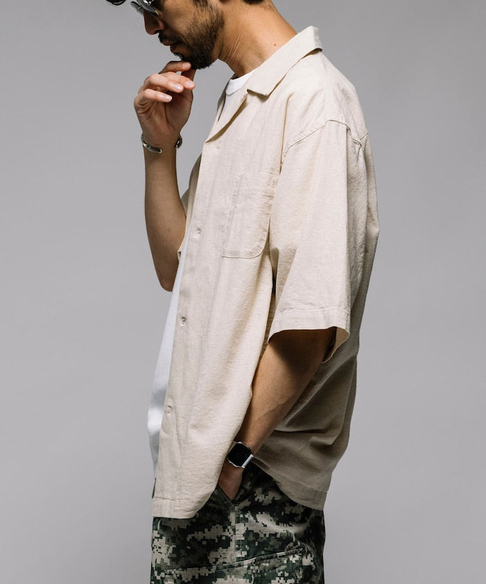 HINSON Custom cotton linen open collar short sleeve shirt 棉麻短袖襯衫