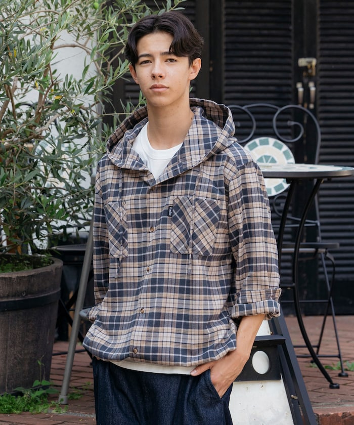 FREAK'S STORE x Foxfire relaxed fit flannel check hoodie shirt 寬版法蘭絨格紋連帽衫