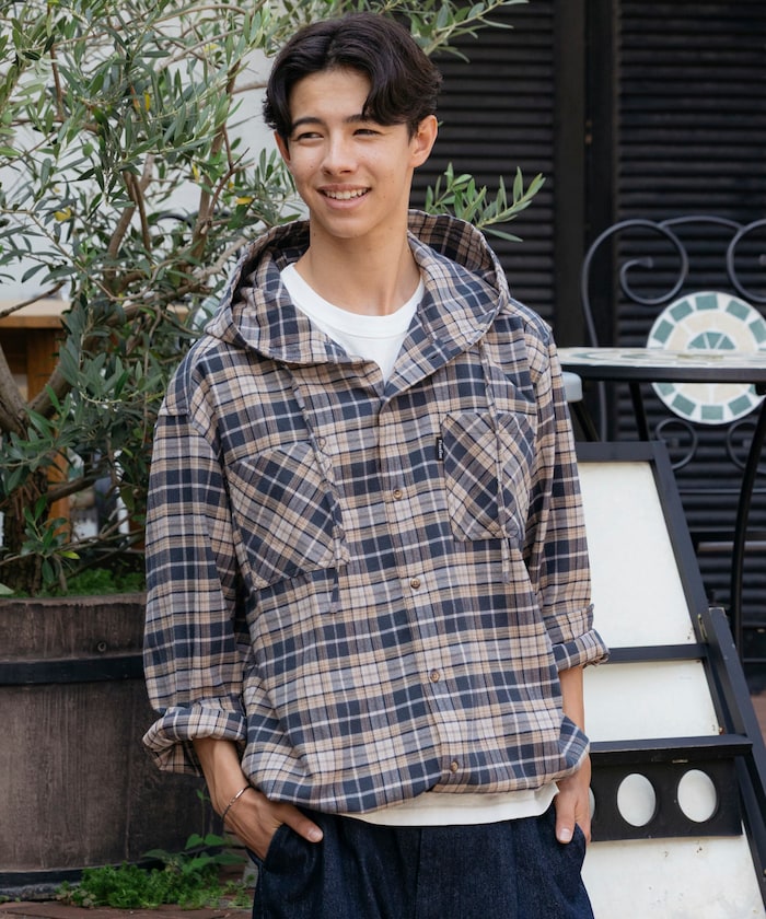 FREAK'S STORE x Foxfire relaxed fit flannel check hoodie shirt 寬版法蘭絨格紋連帽衫
