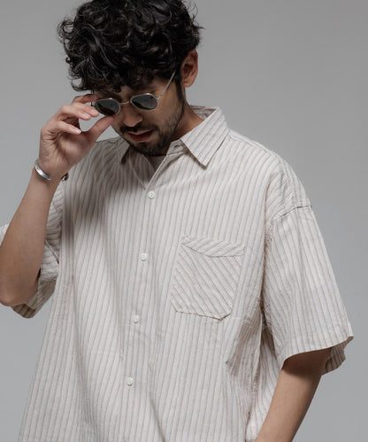 HINSON wrinkled relaxed fit striped shirt 短袖口袋條紋襯衫