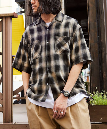 FREAK’S STORE Murabreach processed open collar ombre check shirt 漸層格紋短袖襯衫