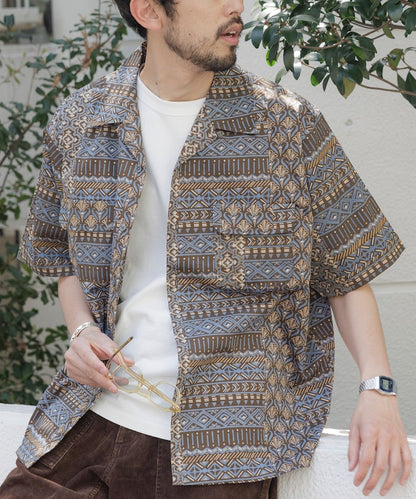 FREAK'S STORE Relaxed Fit Batik Print Open Collar Shirt/African Pattern 印花短袖襯衫