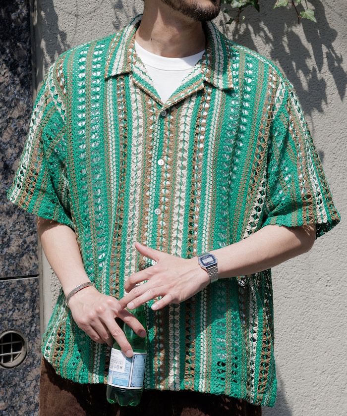 FREAK'S STORE Relaxed fit All-over lace Multi-stripe Open collar shirt 鏤空針織短袖襯衫