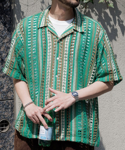 FREAK'S STORE Relaxed fit All-over lace Multi-stripe Open collar shirt 鏤空針織短袖襯衫