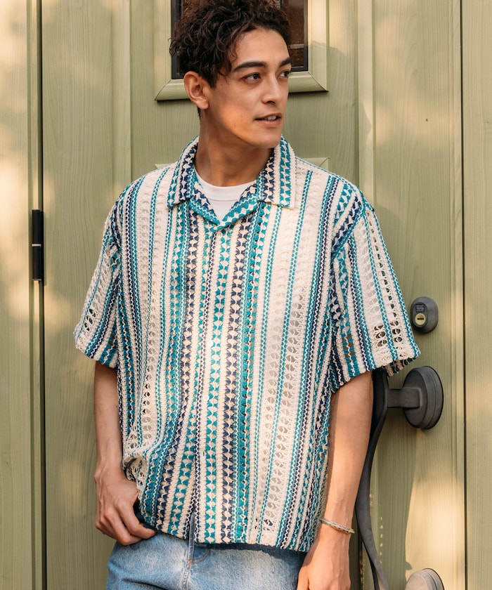 FREAK'S STORE Relaxed fit All-over lace Multi-stripe Open collar shirt 鏤空針織短袖襯衫