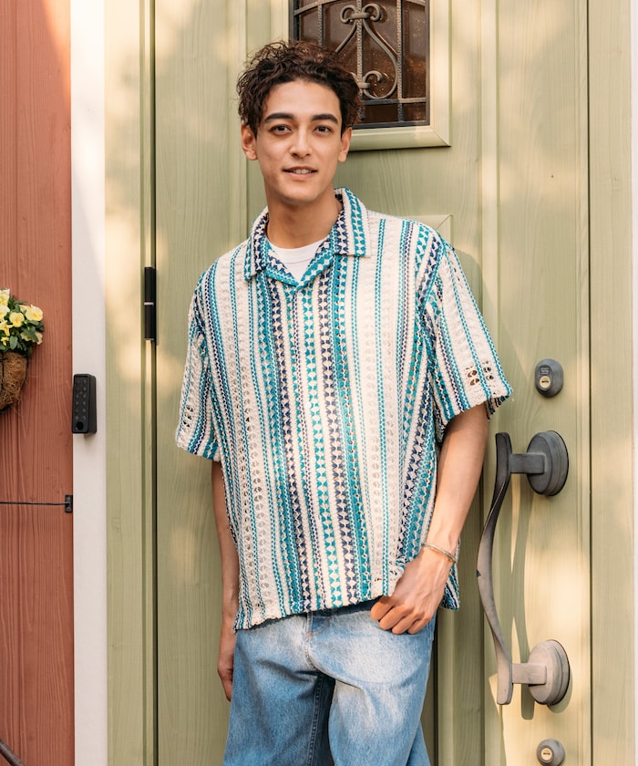 FREAK'S STORE Relaxed fit All-over lace Multi-stripe Open collar shirt 鏤空針織短袖襯衫