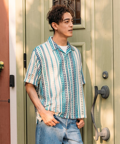 FREAK'S STORE Relaxed fit All-over lace Multi-stripe Open collar shirt 鏤空針織短袖襯衫